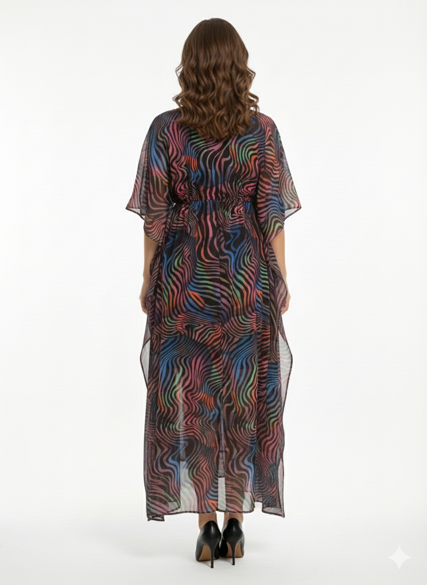 Neon Nebula Multicolor Swirl Drawstring Kaftan | Beach Cover