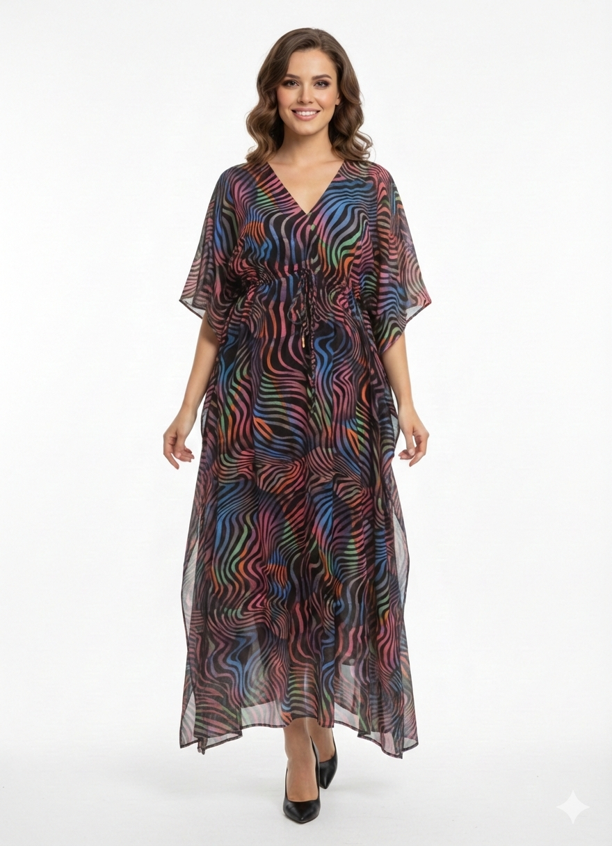 Neon Nebula Multicolor Swirl Drawstring Kaftan | Beach Cover
