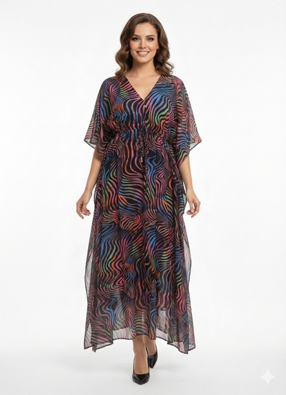 Neon Nebula Multicolor Swirl Drawstring Kaftan | Beach Cover