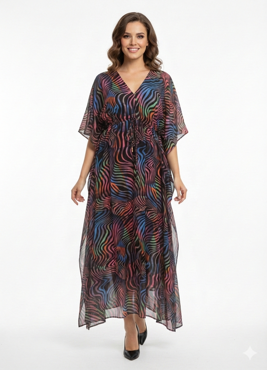 Neon Nebula Multicolor Swirl Drawstring Kaftan | Beach Cover