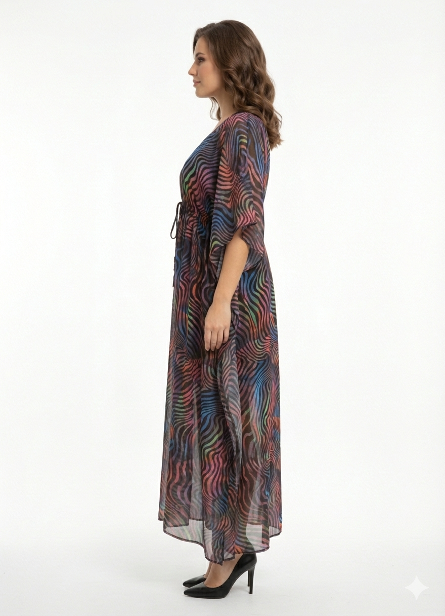 Neon Nebula Multicolor Swirl Drawstring Kaftan | Beach Cover