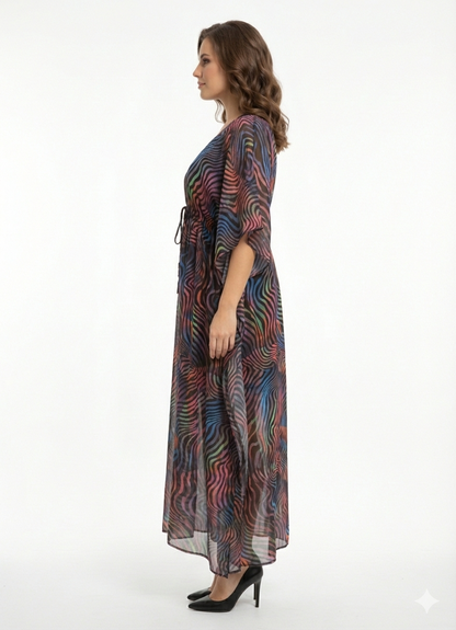 Neon Nebula Multicolor Swirl Drawstring Kaftan | Beach Cover