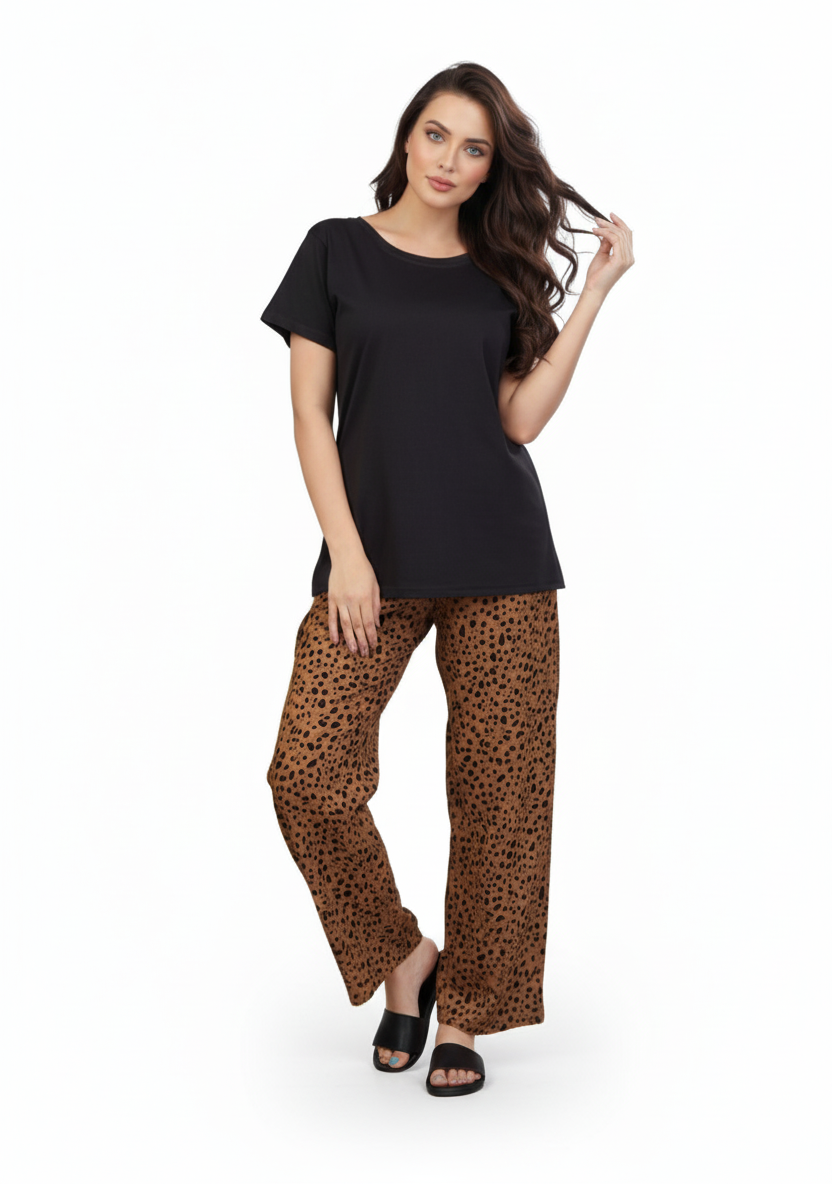 Black T-Shirt Brown Speckle Dot Print Pajamas Set | Loungewear | Rayon Comfort Nightwear