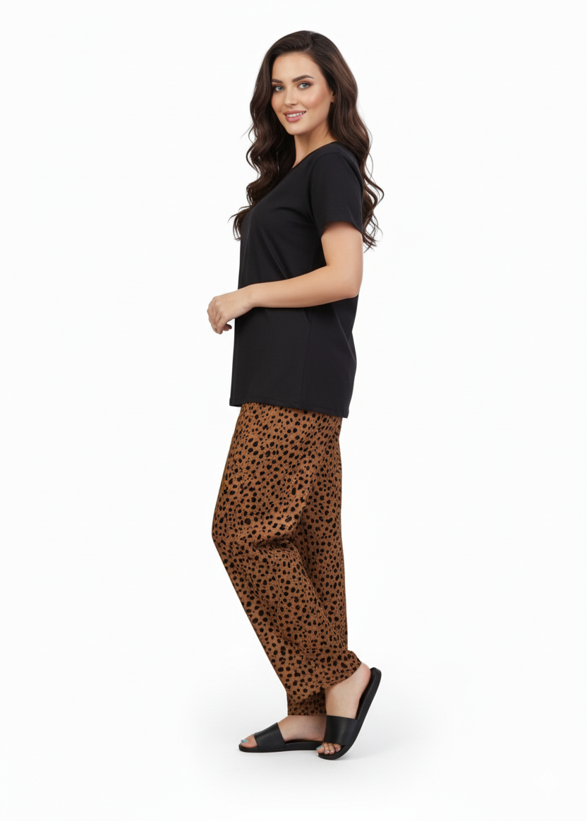 Black T-Shirt Brown Speckle Dot Print Pajamas Set | Loungewear | Rayon Comfort Nightwear