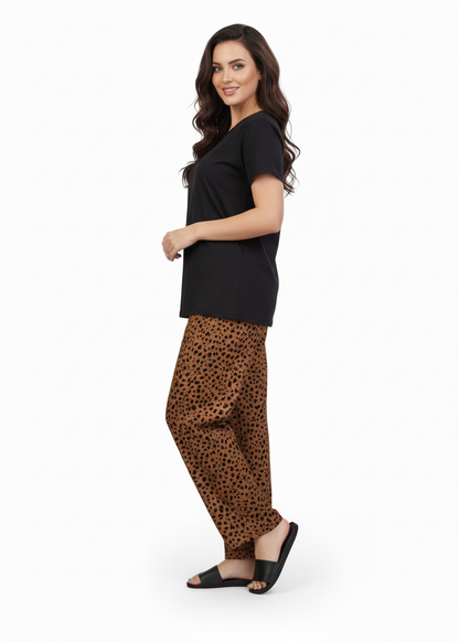 Black T-Shirt Brown Speckle Dot Print Pajamas Set | Loungewear | Rayon Comfort Nightwear
