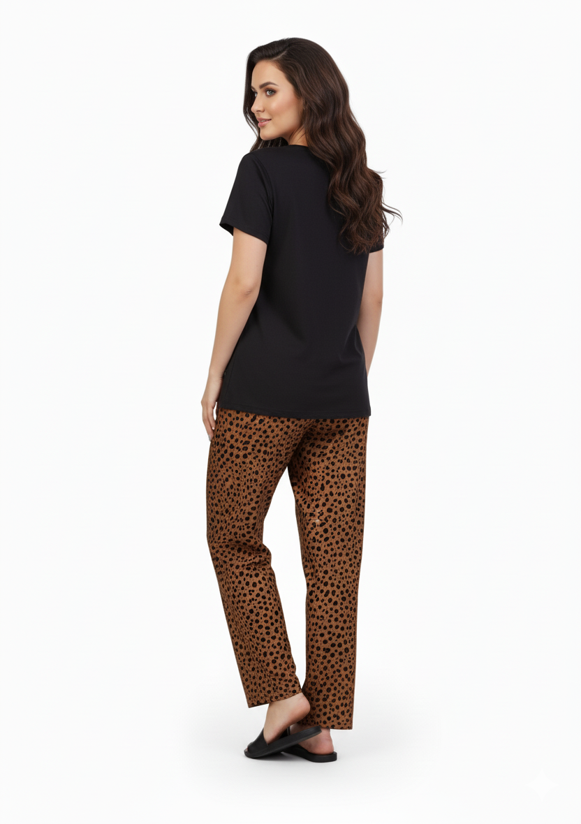Black T-Shirt Brown Speckle Dot Print Pajamas Set | Loungewear | Rayon Comfort Nightwear