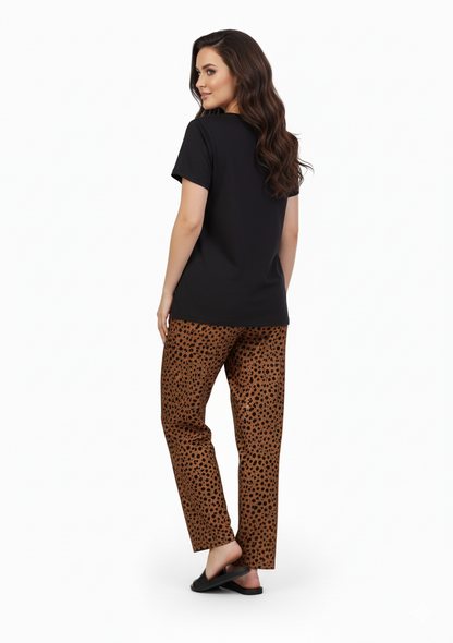 Black T-Shirt Brown Speckle Dot Print Pajamas Set | Loungewear | Rayon Comfort Nightwear