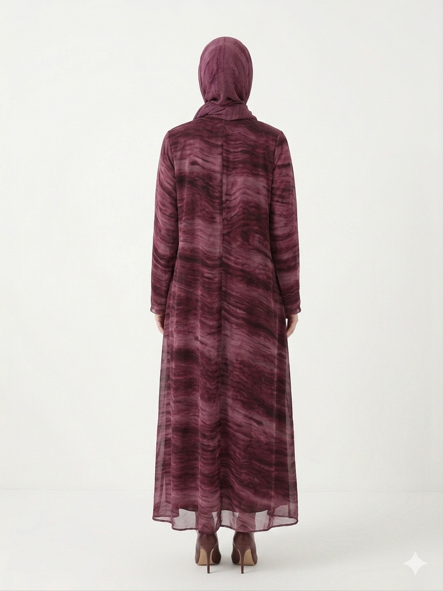 Enchanting Wine Marble-Print Chiffon Modest Abaya
