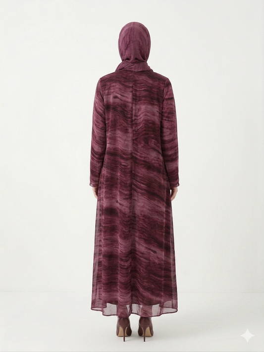 Enchanting Wine Marble-Print Chiffon Modest Abaya