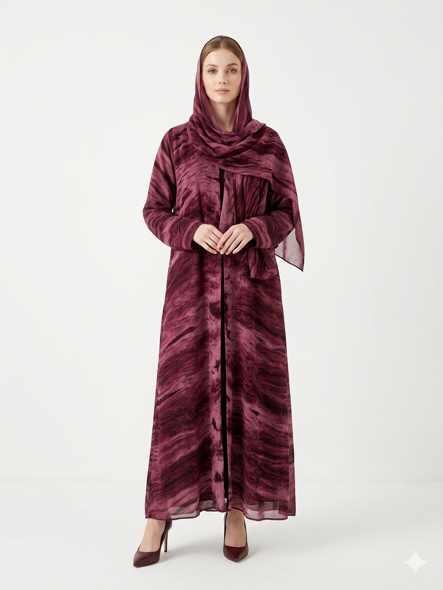 Enchanting Wine Marble-Print Chiffon Modest Abaya