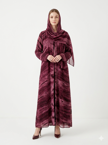 Enchanting Wine Marble-Print Chiffon Modest Abaya