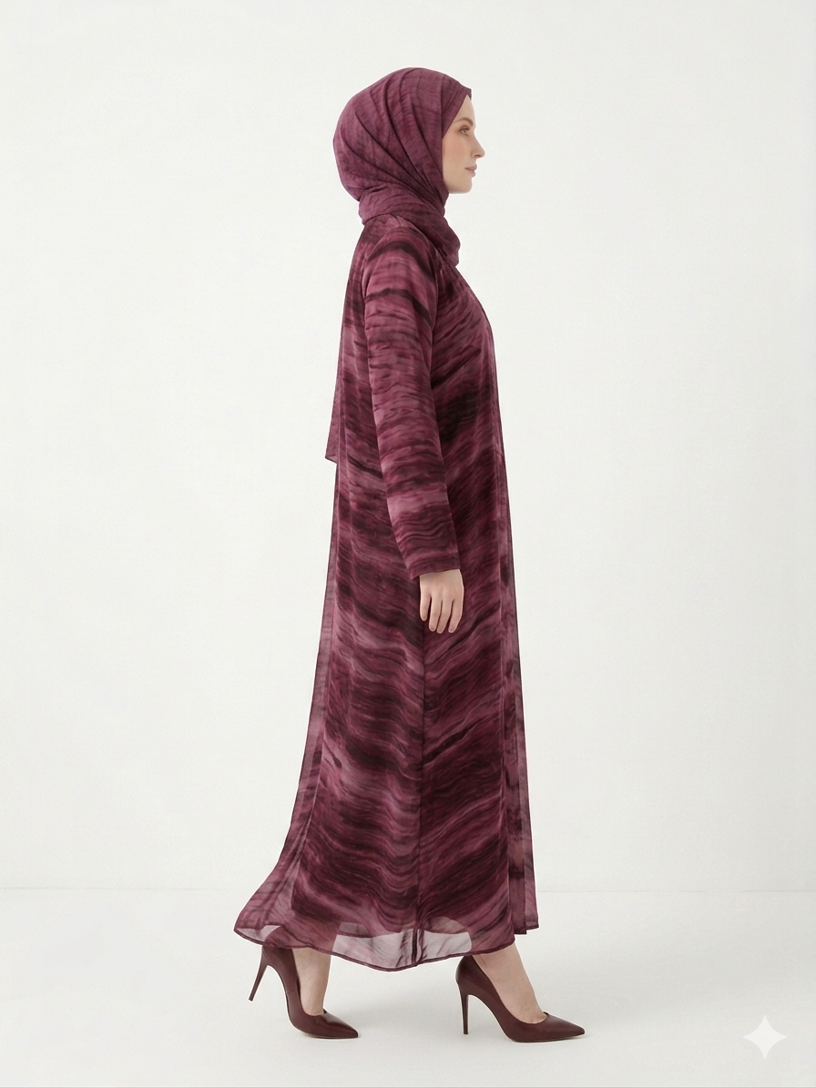 Enchanting Wine Marble-Print Chiffon Modest Abaya