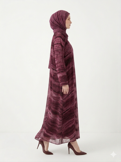 Enchanting Wine Marble-Print Chiffon Modest Abaya
