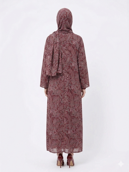 Regal Bordeaux Paisley Pashmina Feel Kimono Abaya