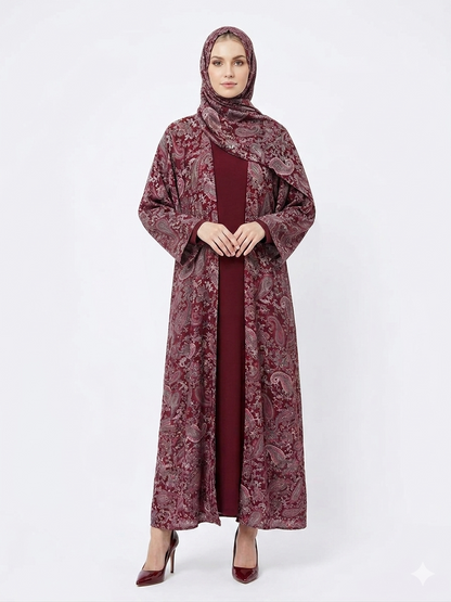 Regal Bordeaux Paisley Pashmina Feel Kimono Abaya