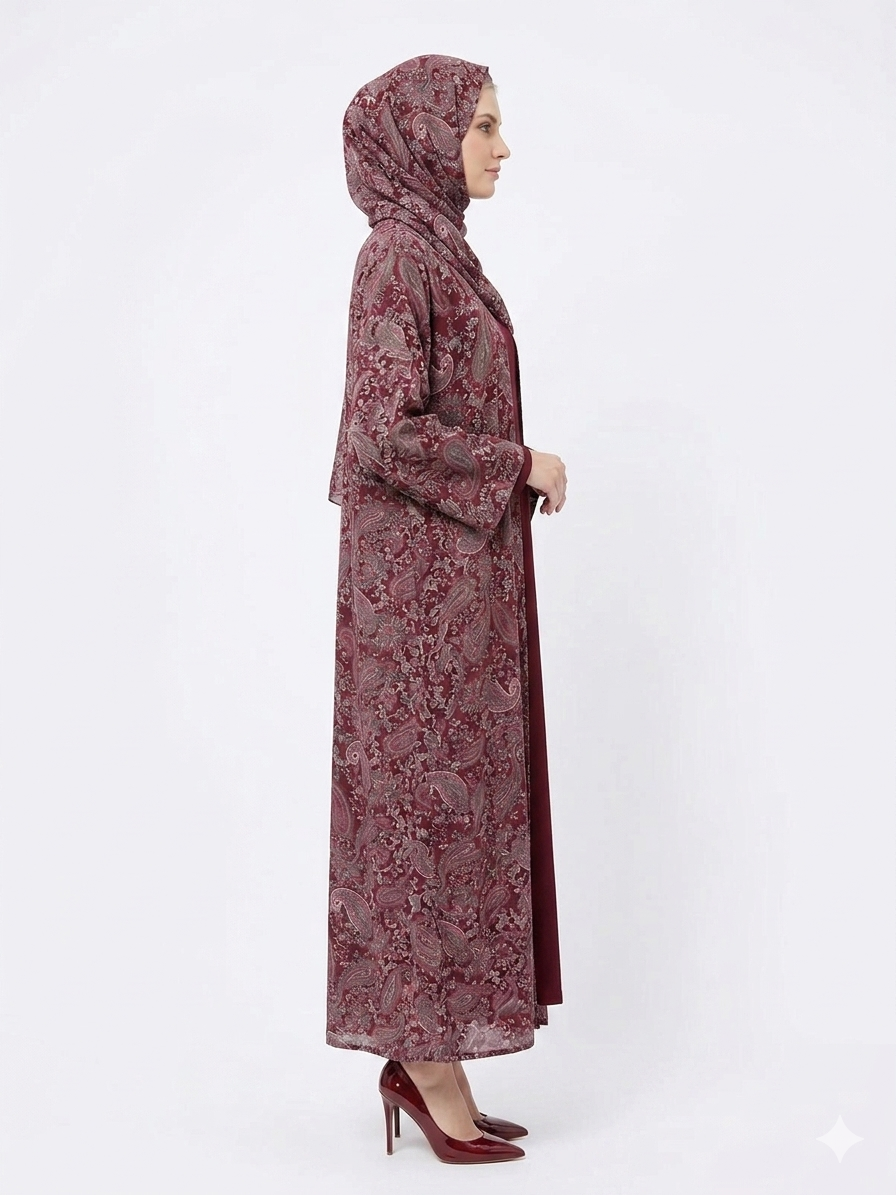 Regal Bordeaux Paisley Pashmina Feel Kimono Abaya