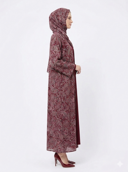 Regal Bordeaux Paisley Pashmina Feel Kimono Abaya