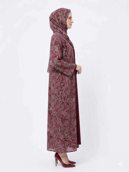 Regal Bordeaux Paisley Pashmina Feel Kimono Abaya