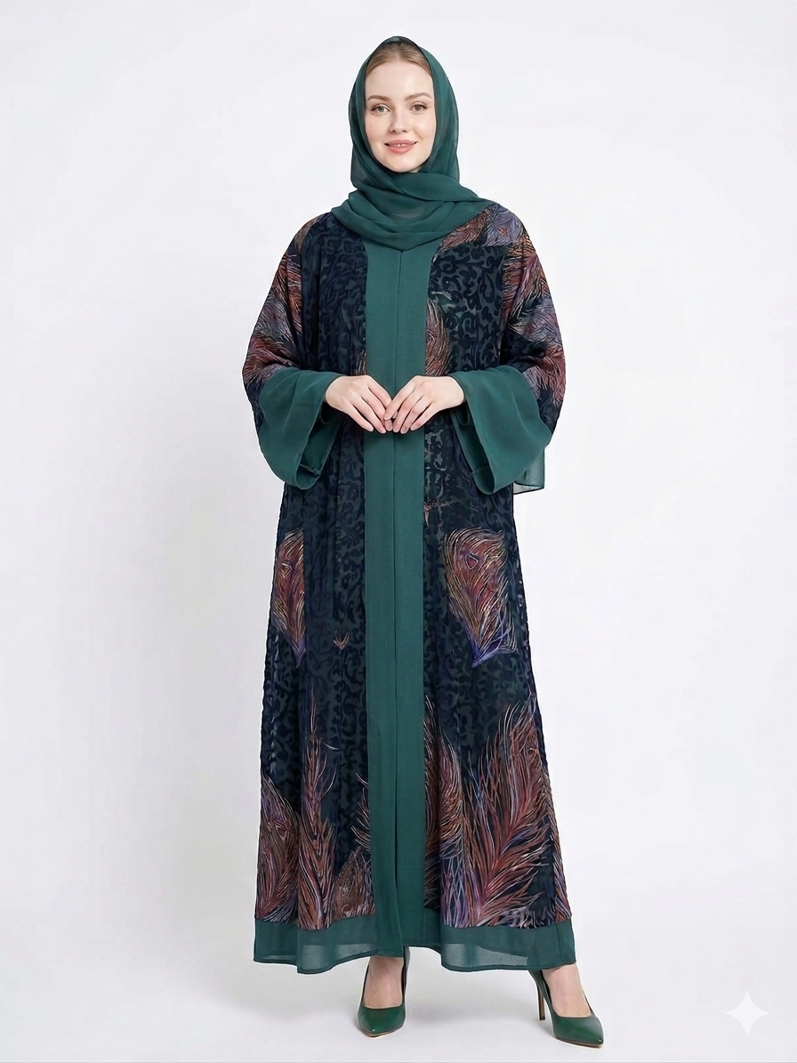 Emerald Serenity Dark Green Sheer Chiffon Abaya
