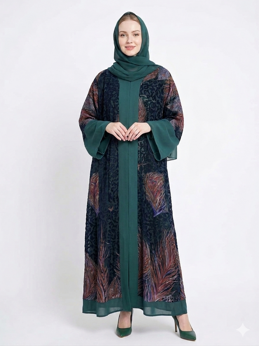Emerald Serenity Dark Green Sheer Chiffon Abaya