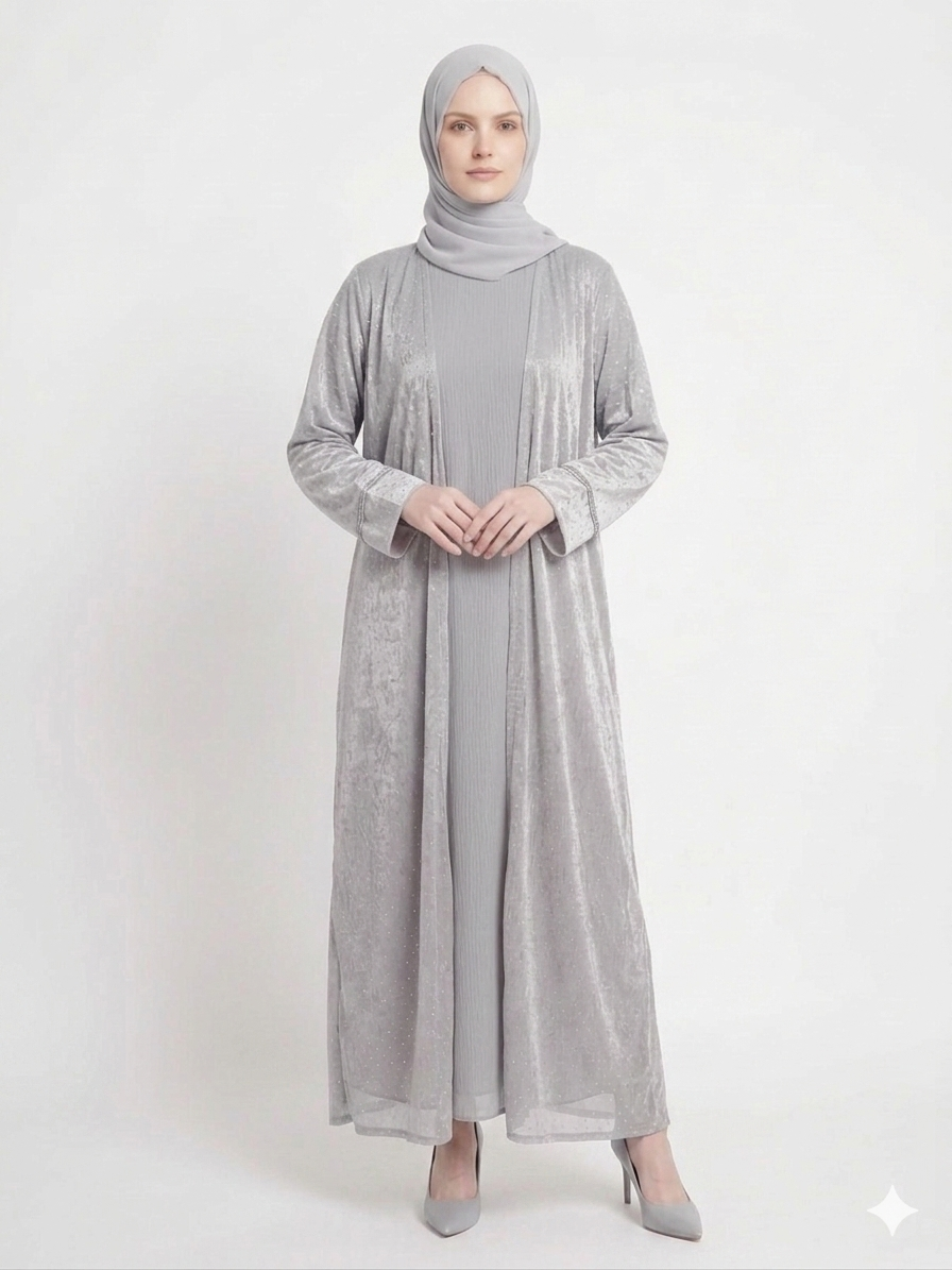 Grey Mist Diamond Embellished Kimono Abaya | Elegant Sheer Modest Wear