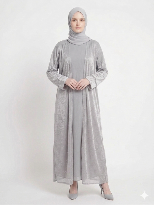 Grey Mist Diamond Embellished Kimono Abaya | Elegant Sheer Modest Wear