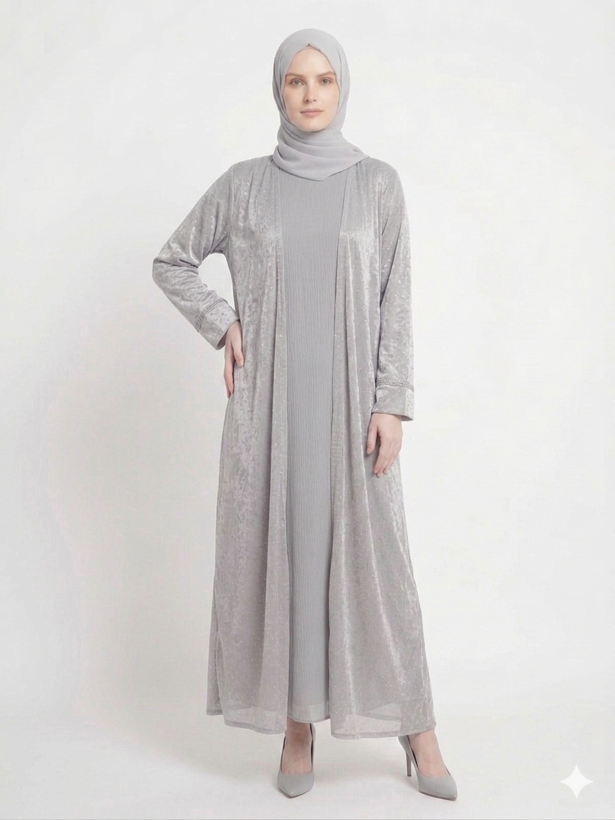 Grey Mist Diamond Embellished Kimono Abaya | Elegant Sheer Modest Wear