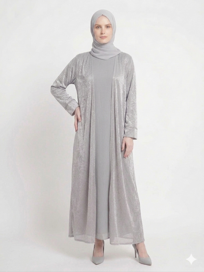 Grey Mist Diamond Embellished Kimono Abaya | Elegant Sheer Modest Wear