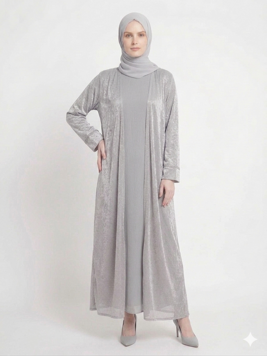 Grey Mist Diamond Embellished Kimono Abaya | Elegant Sheer Modest Wear