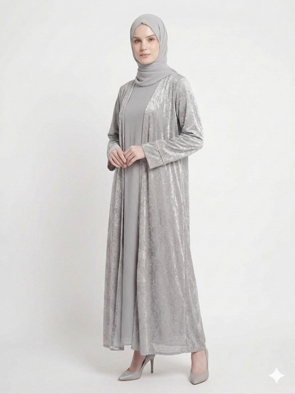 Grey Mist Diamond Embellished Kimono Abaya | Elegant Sheer Modest Wear
