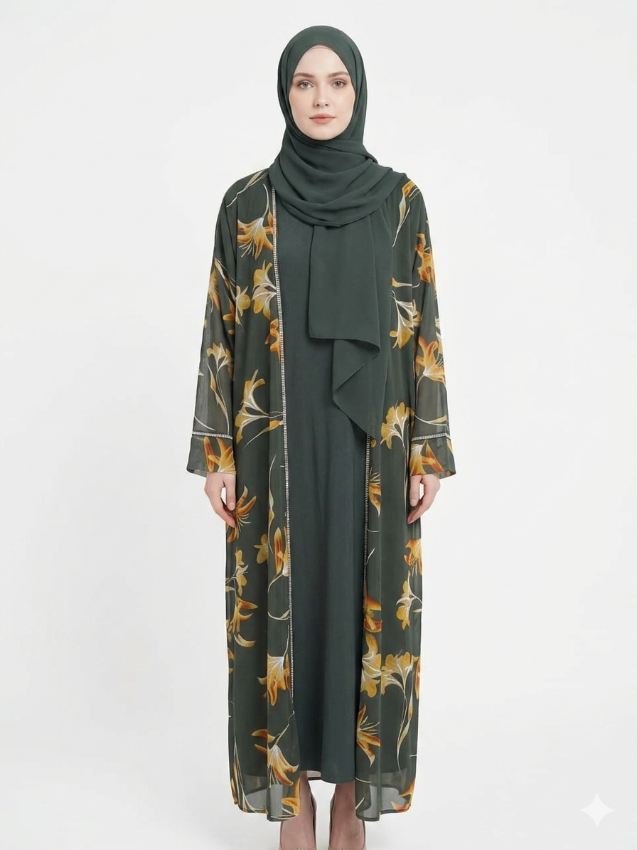 Sage Bloom Sheer Floral Kimono Abaya