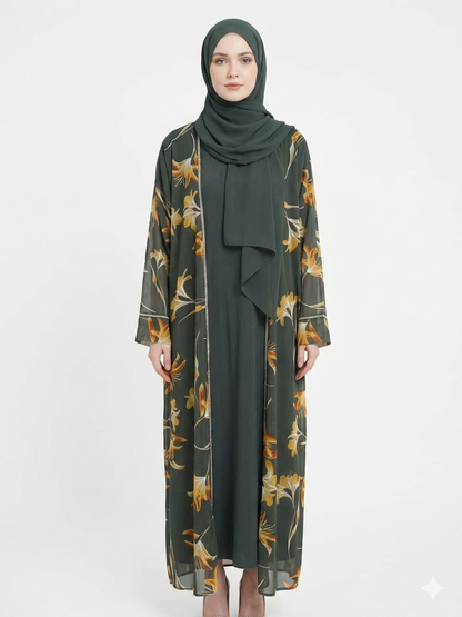 Sage Bloom Sheer Floral Kimono Abaya