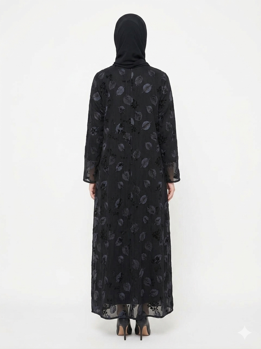 Midnight Foliage Leaf Embroidered Abaya