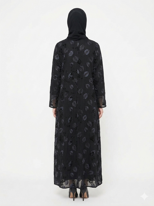 Midnight Foliage Leaf Embroidered Abaya