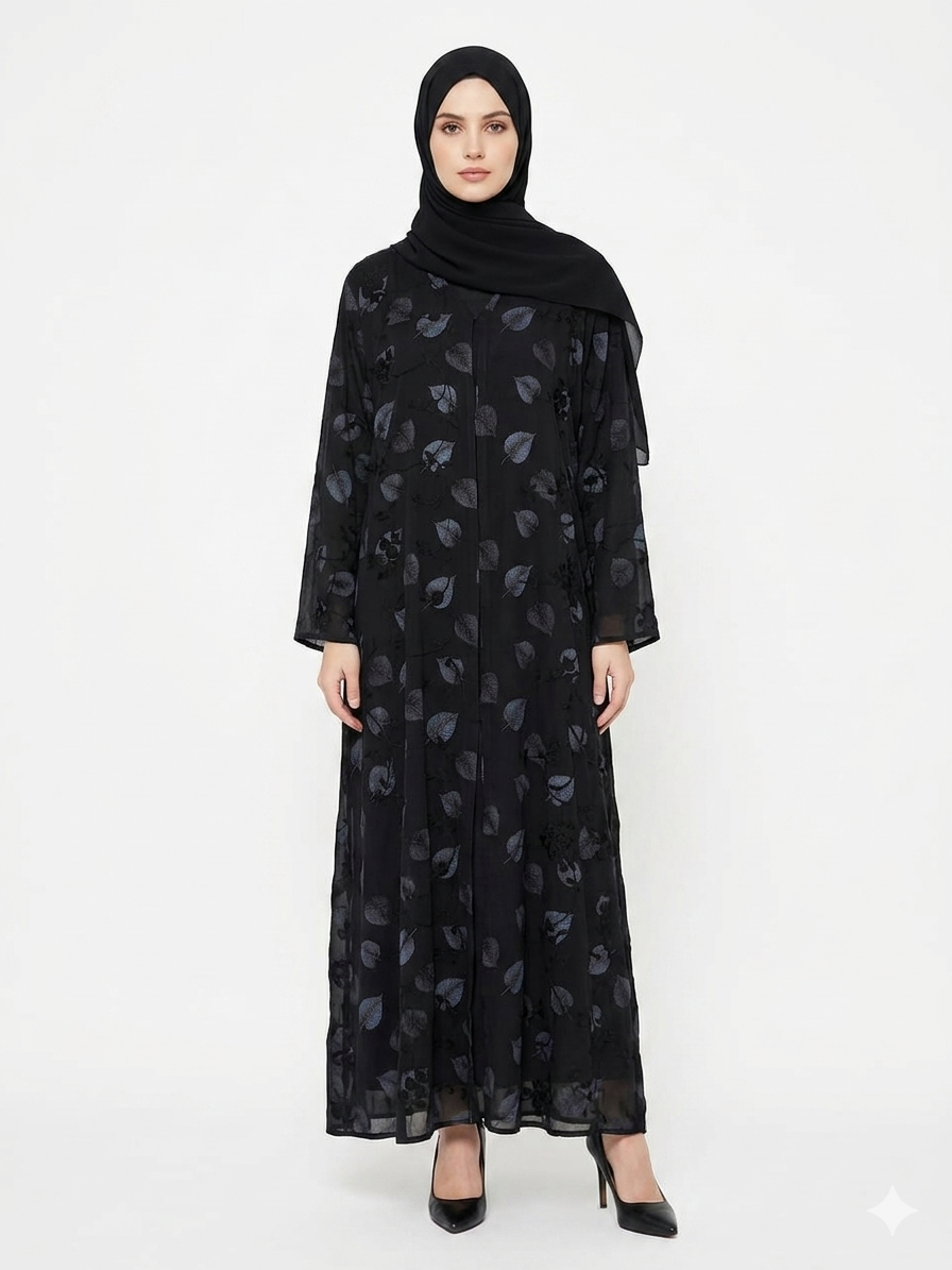 Midnight Foliage Leaf Embroidered Abaya