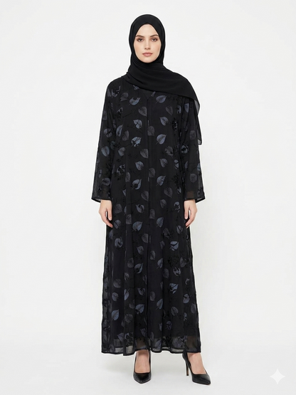 Midnight Foliage Leaf Embroidered Abaya