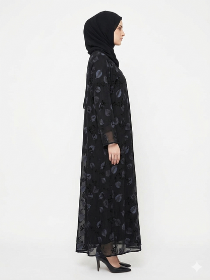 Midnight Foliage Leaf Embroidered Abaya