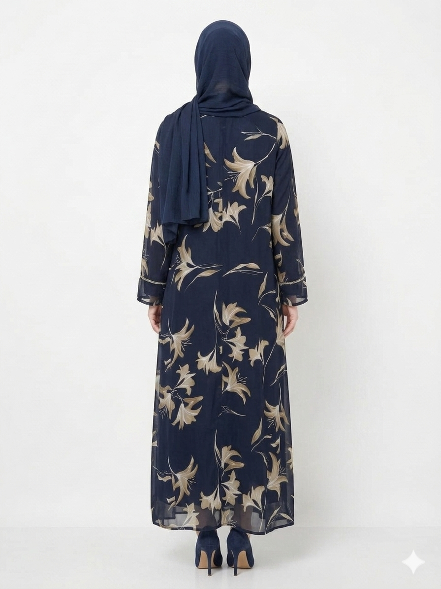 Navy Bloom Sheer Floral Kimono Modest Abaya