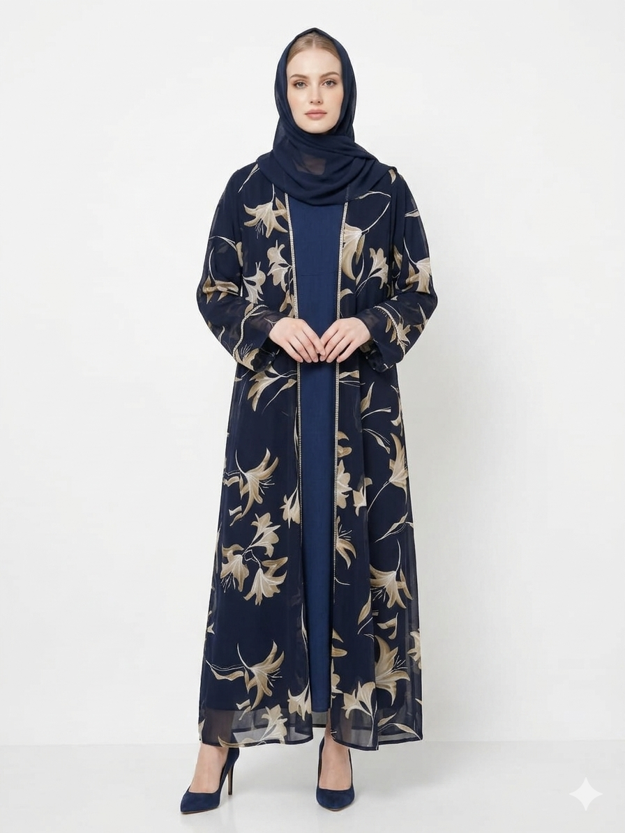 Navy Bloom Sheer Floral Kimono Modest Abaya