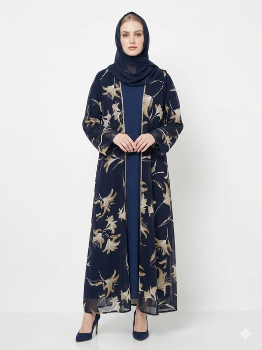 Navy Bloom Sheer Floral Kimono Modest Abaya