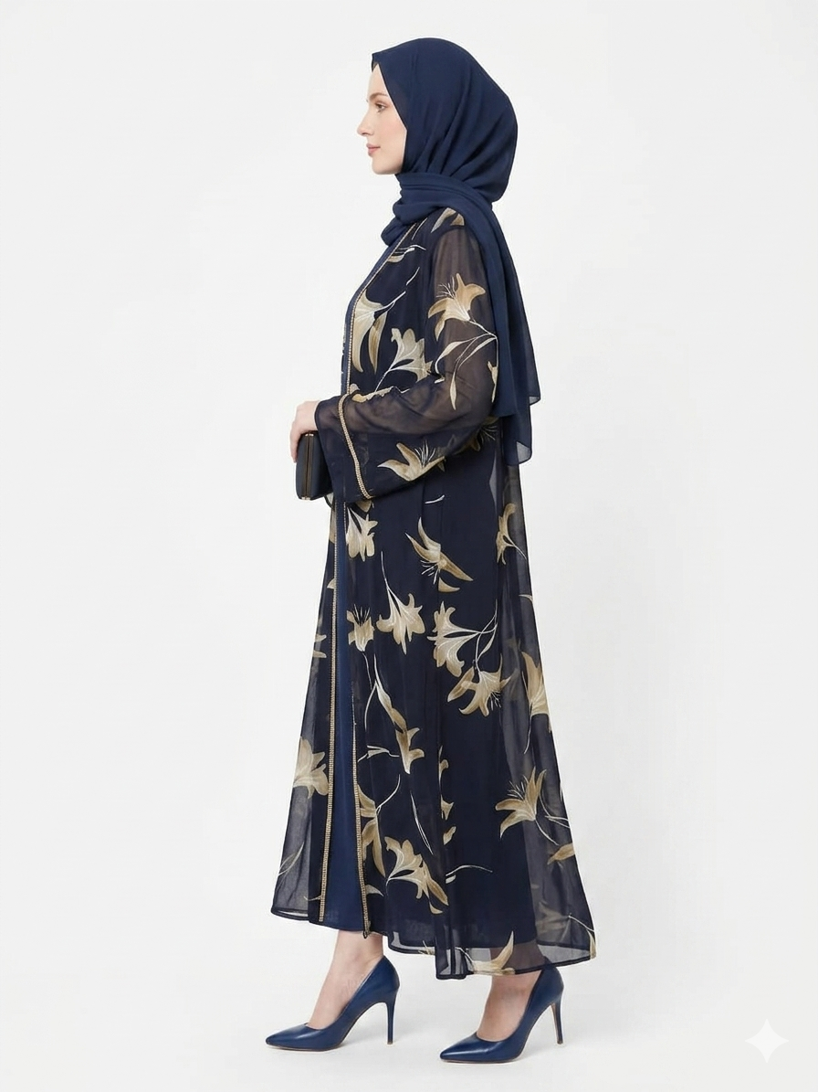 Navy Bloom Sheer Floral Kimono Modest Abaya