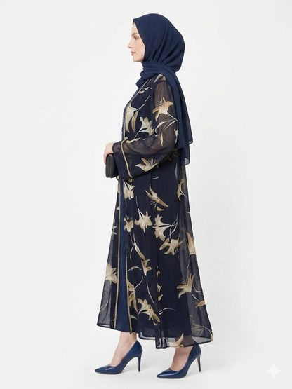 Navy Bloom Sheer Floral Kimono Modest Abaya