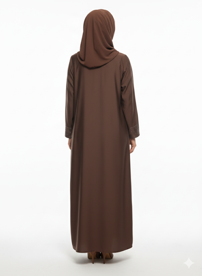 Mocha Brown Closed Abaya | Silver Geometric Thread Embellishment | A-Line Silhouette & Fitted Sleeve Cuffs