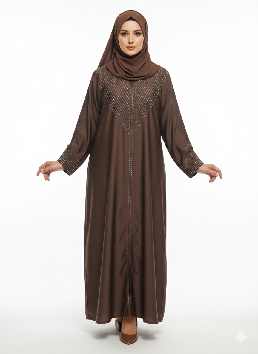 Mocha Brown Closed Abaya | Silver Geometric Thread Embellishment | A-Line Silhouette & Fitted Sleeve Cuffs