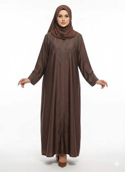 Mocha Brown Closed Abaya | Silver Geometric Thread Embellishment | A-Line Silhouette & Fitted Sleeve Cuffs