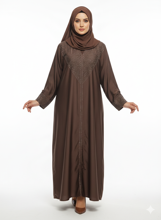 Mocha Brown Closed Abaya | Silver Geometric Thread Embellishment | A-Line Silhouette & Fitted Sleeve Cuffs