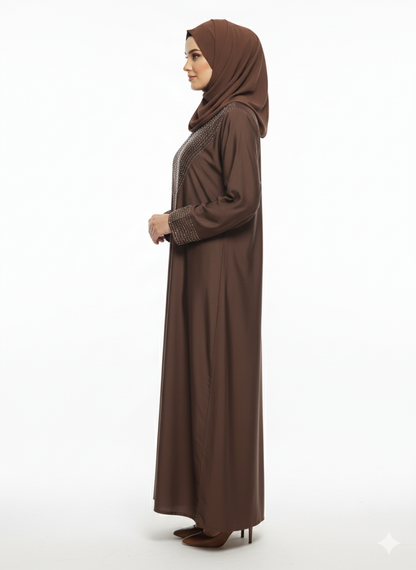 Mocha Brown Closed Abaya | Silver Geometric Thread Embellishment | A-Line Silhouette & Fitted Sleeve Cuffs