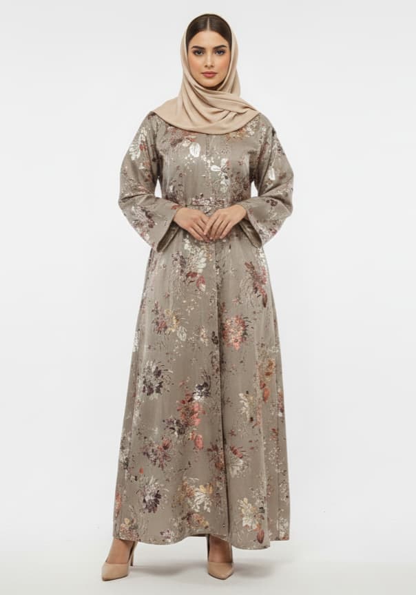 Golden Flora Beige Abaya | Luxury Foil Print Modest Wrap with Flared Sleeves