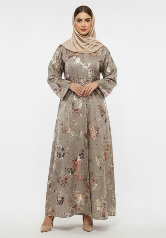 Golden Flora Beige Abaya | Luxury Foil Print Modest Wrap with Flared Sleeves