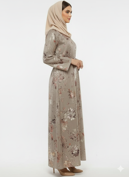 Golden Flora Beige Abaya | Luxury Foil Print Modest Wrap with Flared Sleeves
